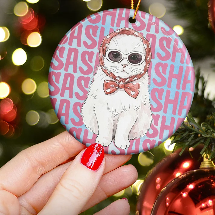 Custom Photo Watercolor Pet Lovers Christmas - Personalized Circle Ceramic Ornament - Christmas Gift for Dog Lovers, Cat Lovers, Pet Lovers