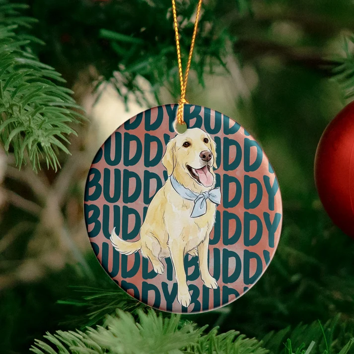Custom Photo Watercolor Pet Lovers Christmas - Personalized Circle Ceramic Ornament - Christmas Gift for Dog Lovers, Cat Lovers, Pet Lovers