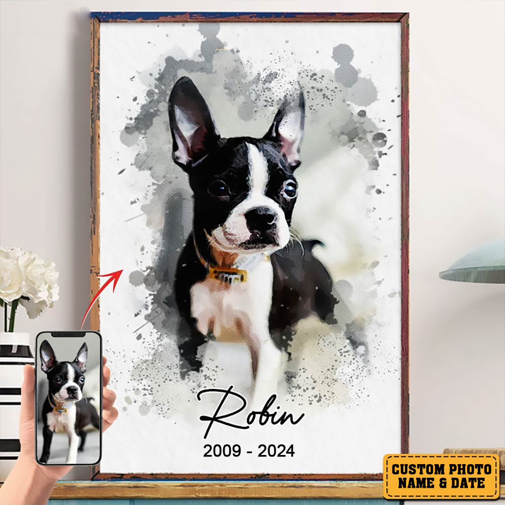 Custom Photo Watercolor Pet Portrait poster, framed in a bright living room