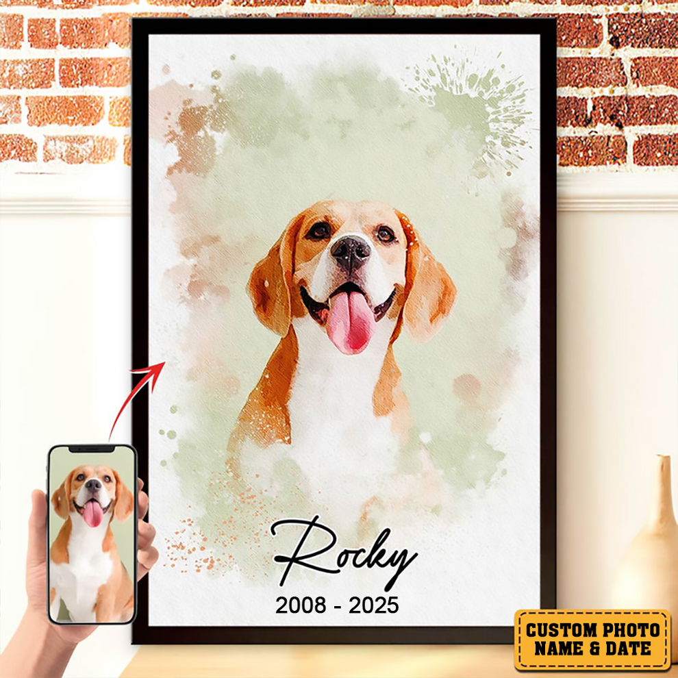 Custom Photo Watercolor Pet Portrait poster, leaning against a wall on a wooden floor