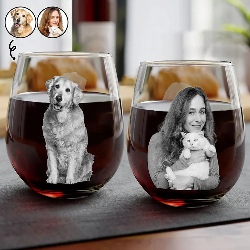 Custom Photo Pet Portrait Dog/Cat - Personalized Stemless Wine Glass - Gift for Dog/Cat Lovers, Pet Lovers, Dog Mom, Cat Mom, Dog Dad, Cat Dad