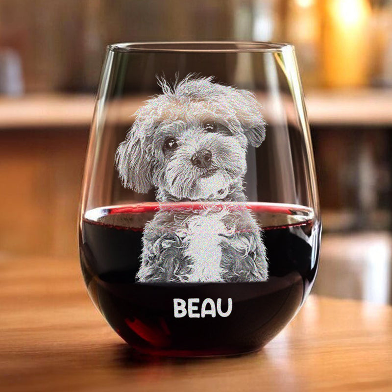 Custom Photo Pet Portrait Dog/Cat - Personalized Stemless Wine Glass - Gift for Dog/Cat Lovers, Pet Lovers, Dog Mom, Cat Mom, Dog Dad, Cat Dad