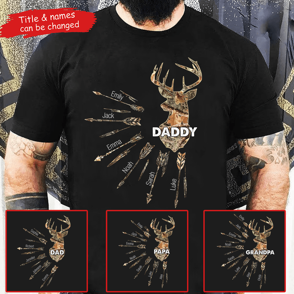 Personalized Hunting Dad Grandpa With Kids Names t-shirt, main view
