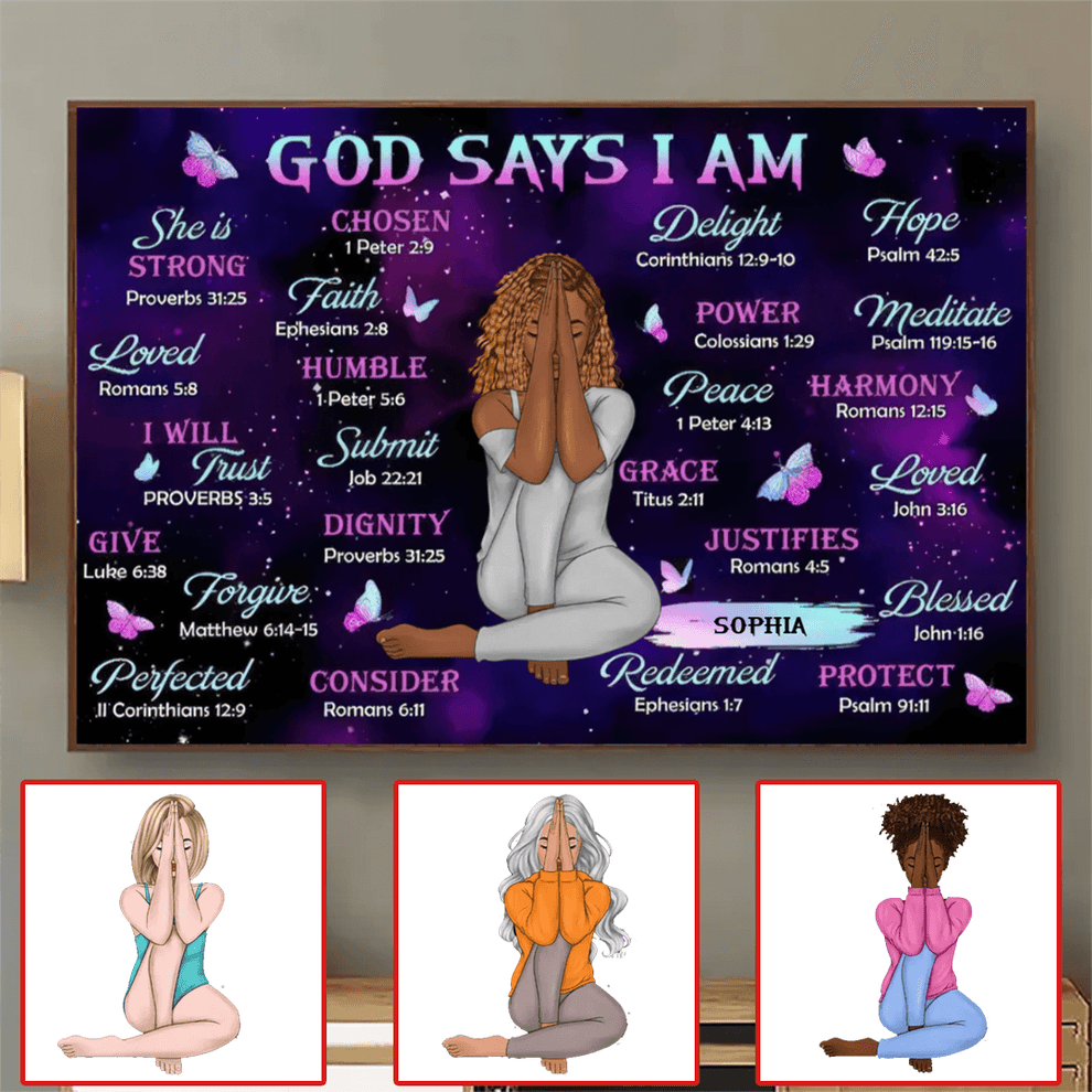 Personalized God Says I Am poster, leaning against a wall on a wooden floor