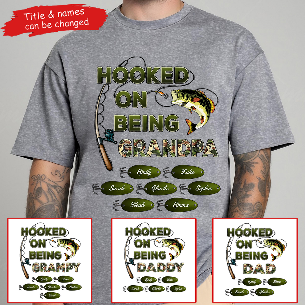 Personalized Hooked On Being Grandpa Papa Fishing Camouflage t-shirt, main view