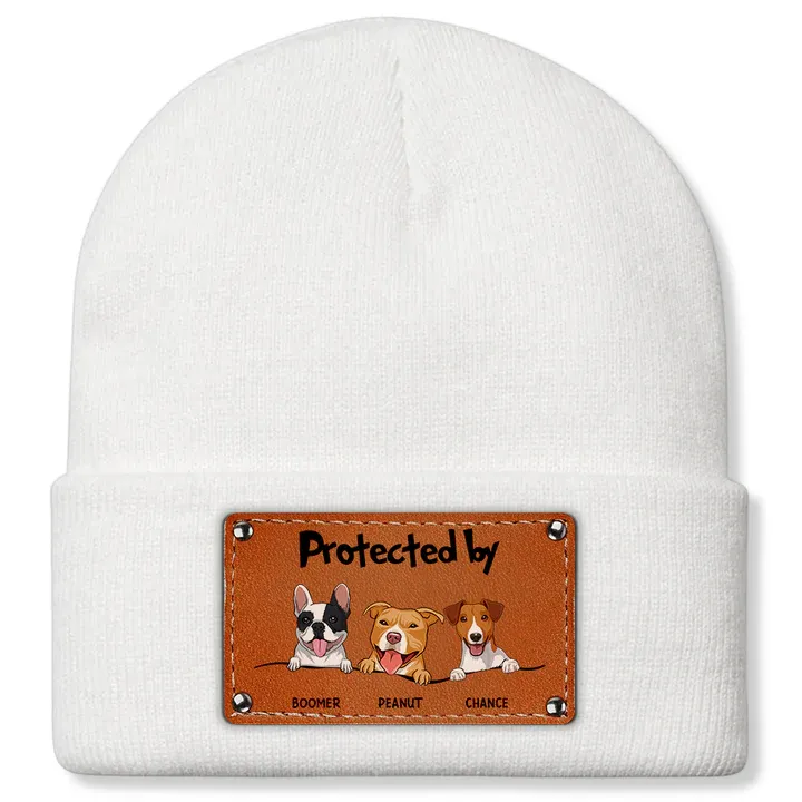Protected By Dog - Personalized Leather Knitted Beanie - Gift For Kids, Dog Lovers, Cat Lovers