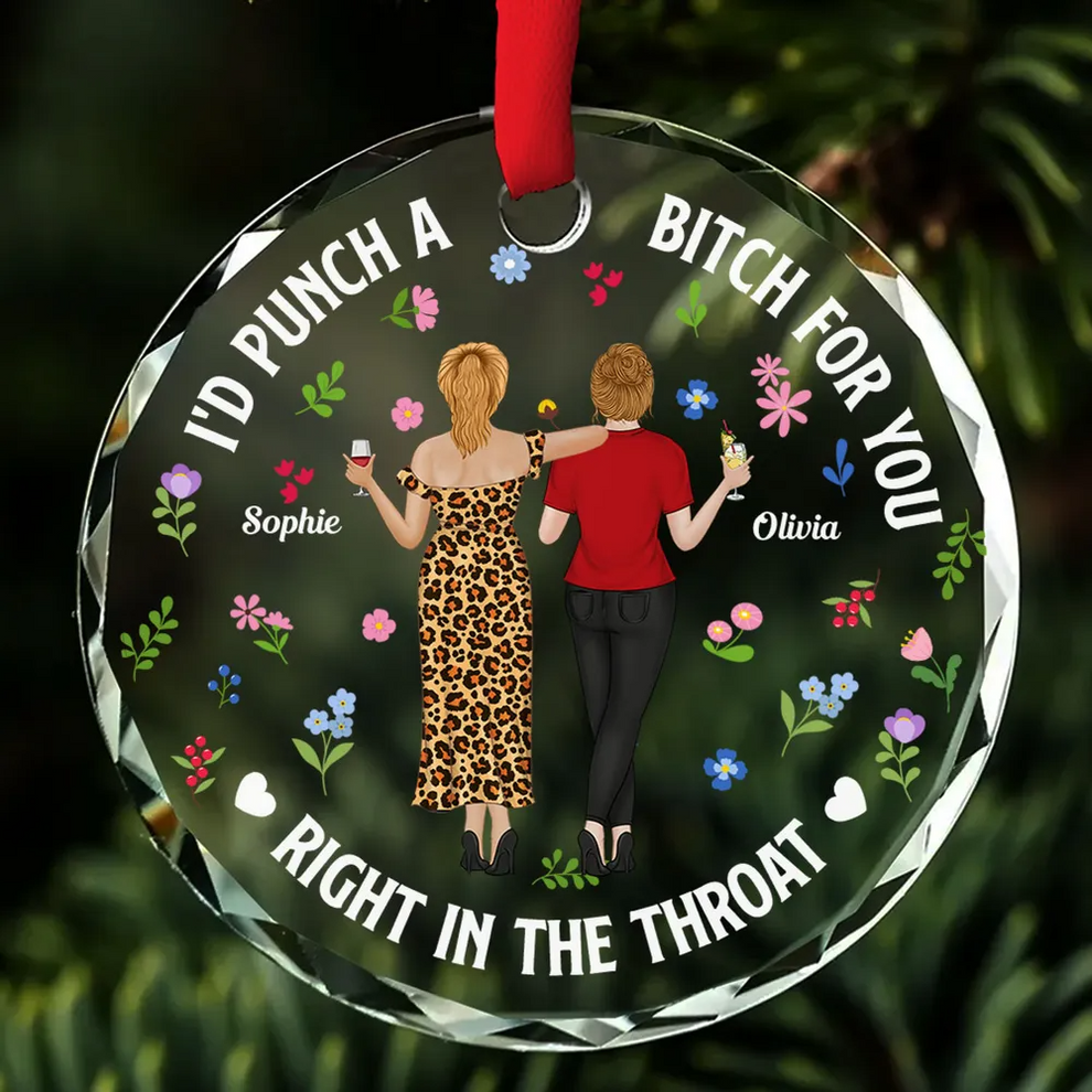 Personalized Punch Bitch Besties circle glass ornament, main view
