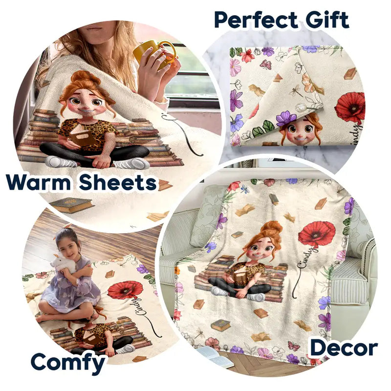 Reading Girl With Birth Month Flowers Book Lovers - Personalized Custom Blanket - Gift For Book Lovers, Bookworms, Readers