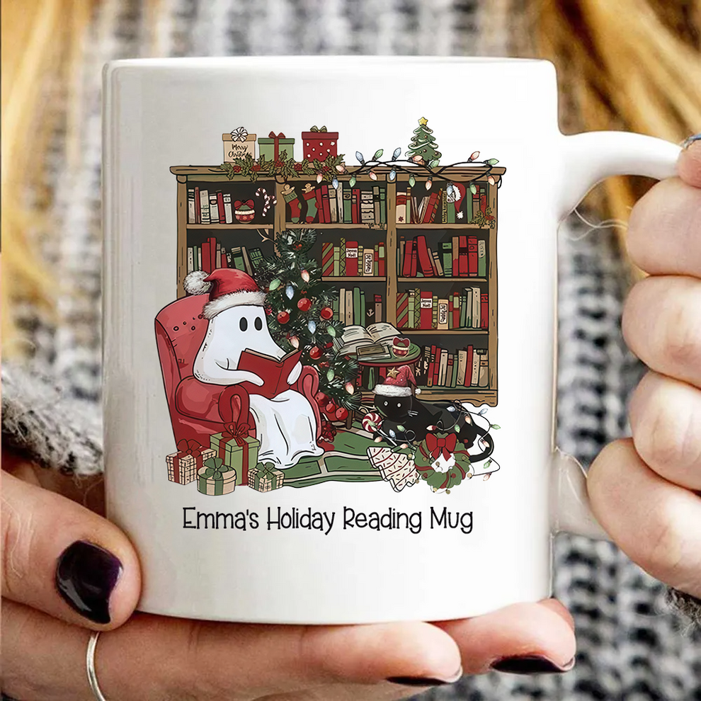 Retro Christmas Ghost Reading Books Book Lovers - Personalized Custom Mug - Christmas Gift For Book Lovers, Bookworms, Readers