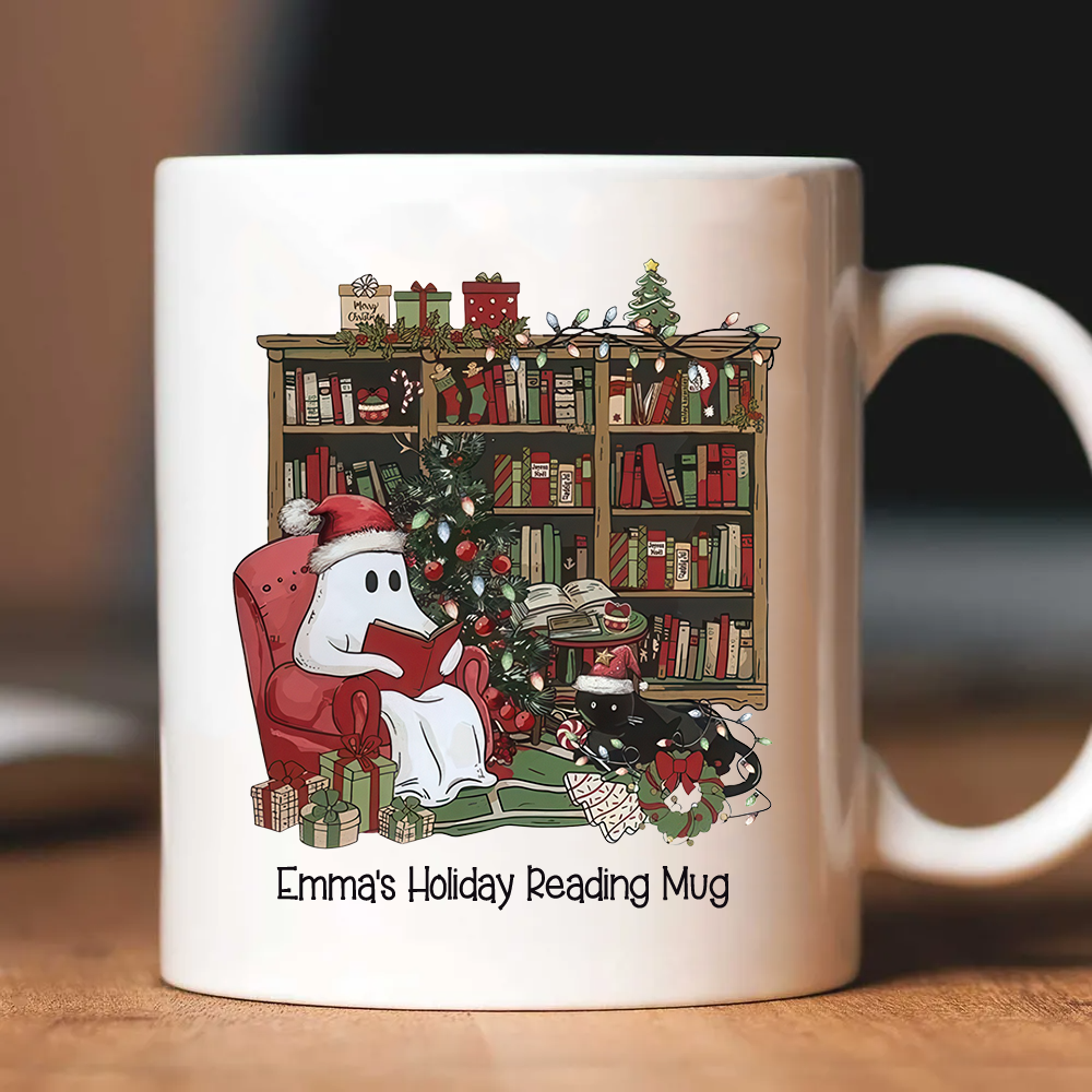 Retro Christmas Ghost Reading Books Book Lovers - Personalized Custom Mug - Christmas Gift For Book Lovers, Bookworms, Readers