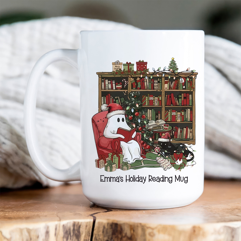 Retro Christmas Ghost Reading Books Book Lovers - Personalized Custom Mug - Christmas Gift For Book Lovers, Bookworms, Readers