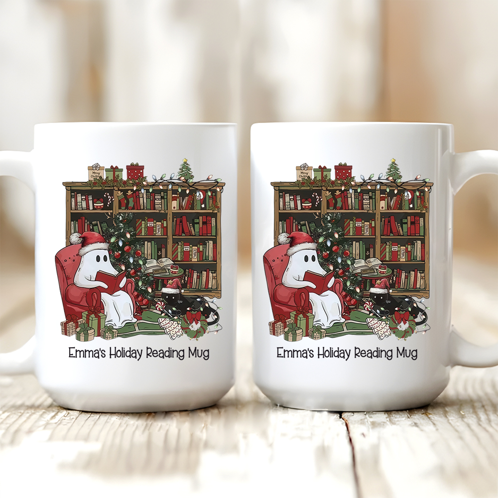 Retro Christmas Ghost Reading Books Book Lovers - Personalized Custom Mug - Christmas Gift For Book Lovers, Bookworms, Readers