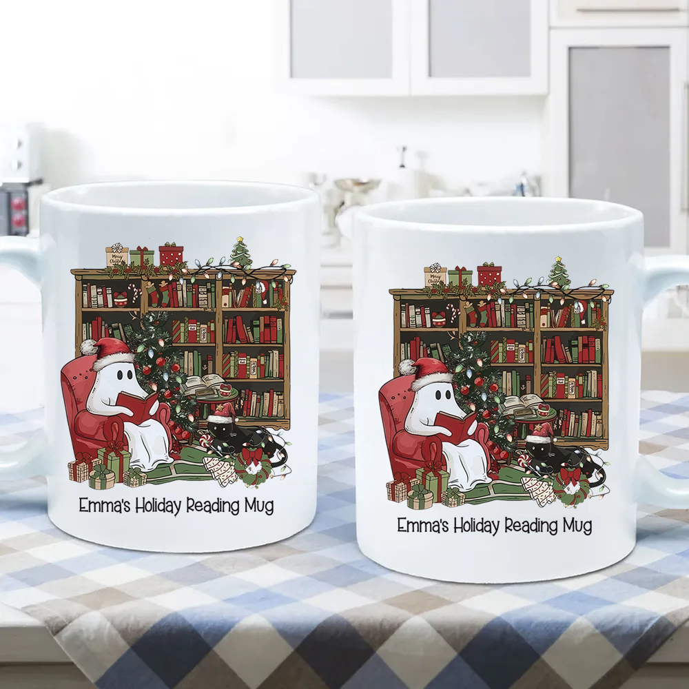 Retro Christmas Ghost Reading Books Book Lovers - Personalized Custom Mug - Christmas Gift For Book Lovers, Bookworms, Readers