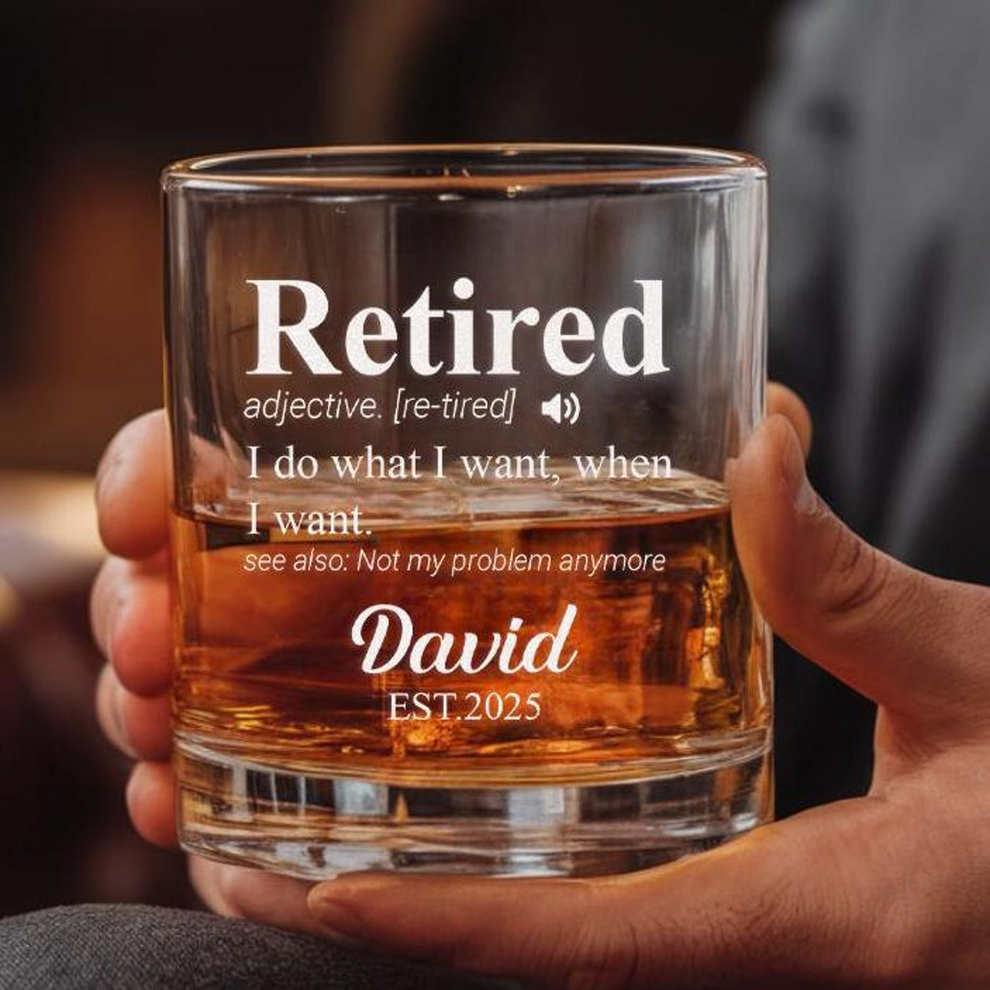 Personalized Retirement Definition whiskey glass, main view