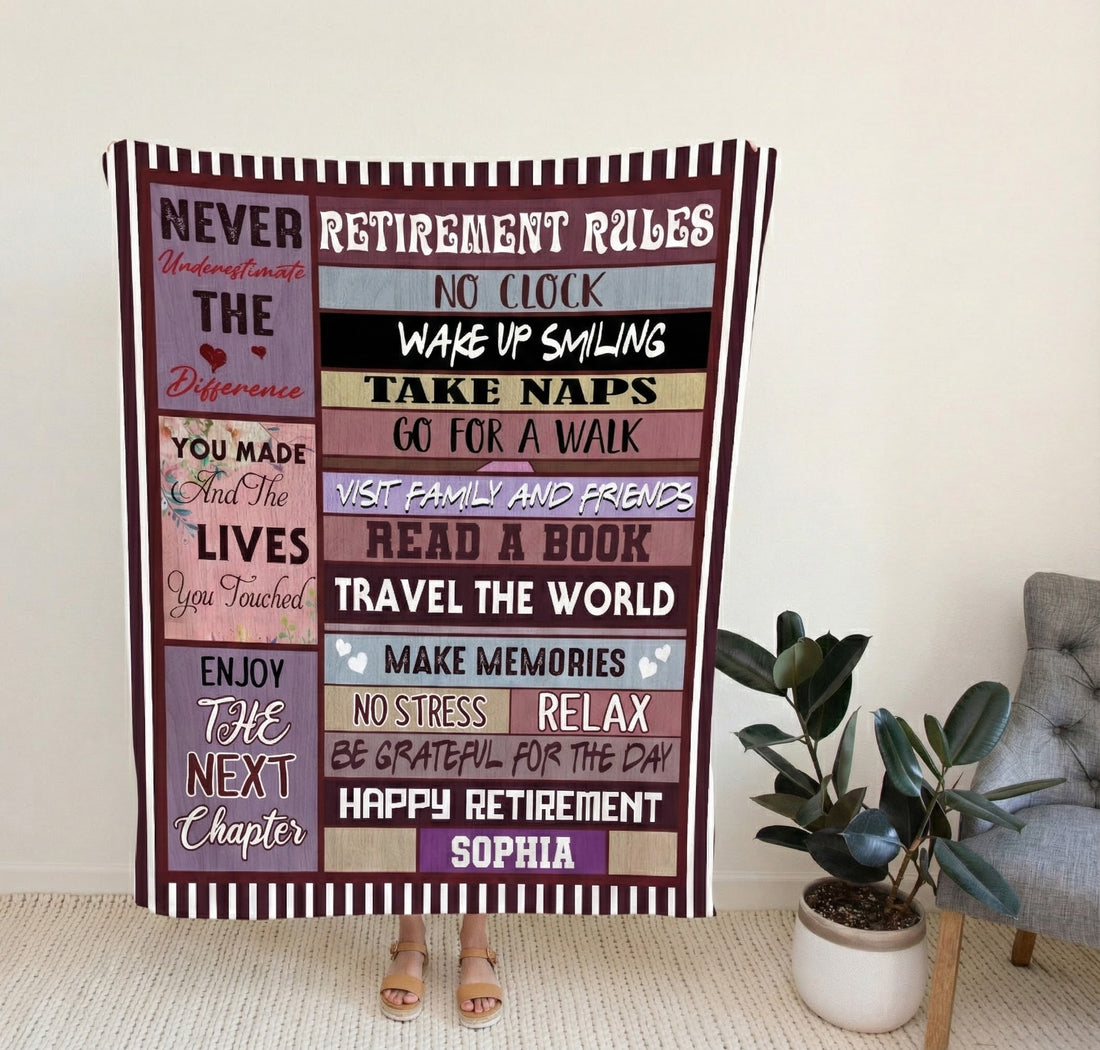 Custom Retirement Gift For Women/Men fleece blanket, spread across a bed