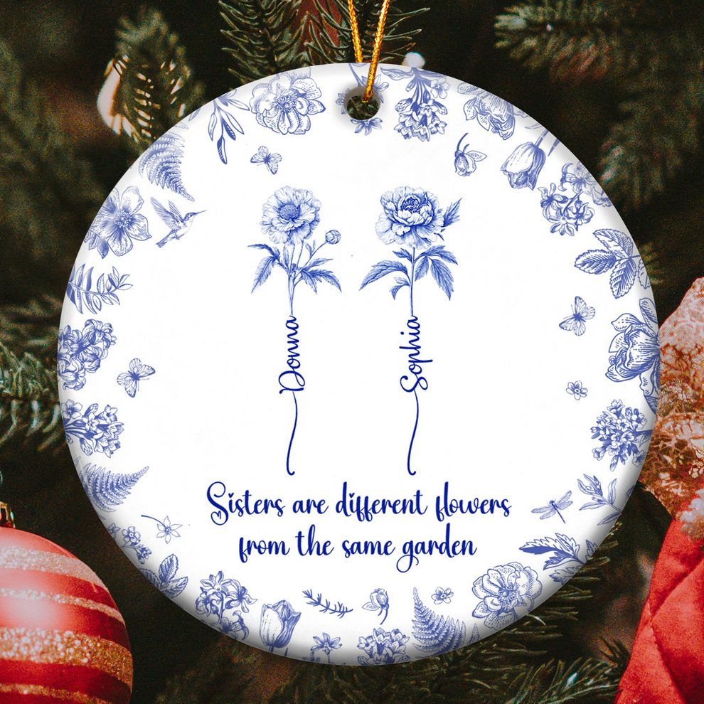 Personalized Sisters Are Different Flowers From The Same Garden Toile De Jouy circle ceramic ornament, main view
