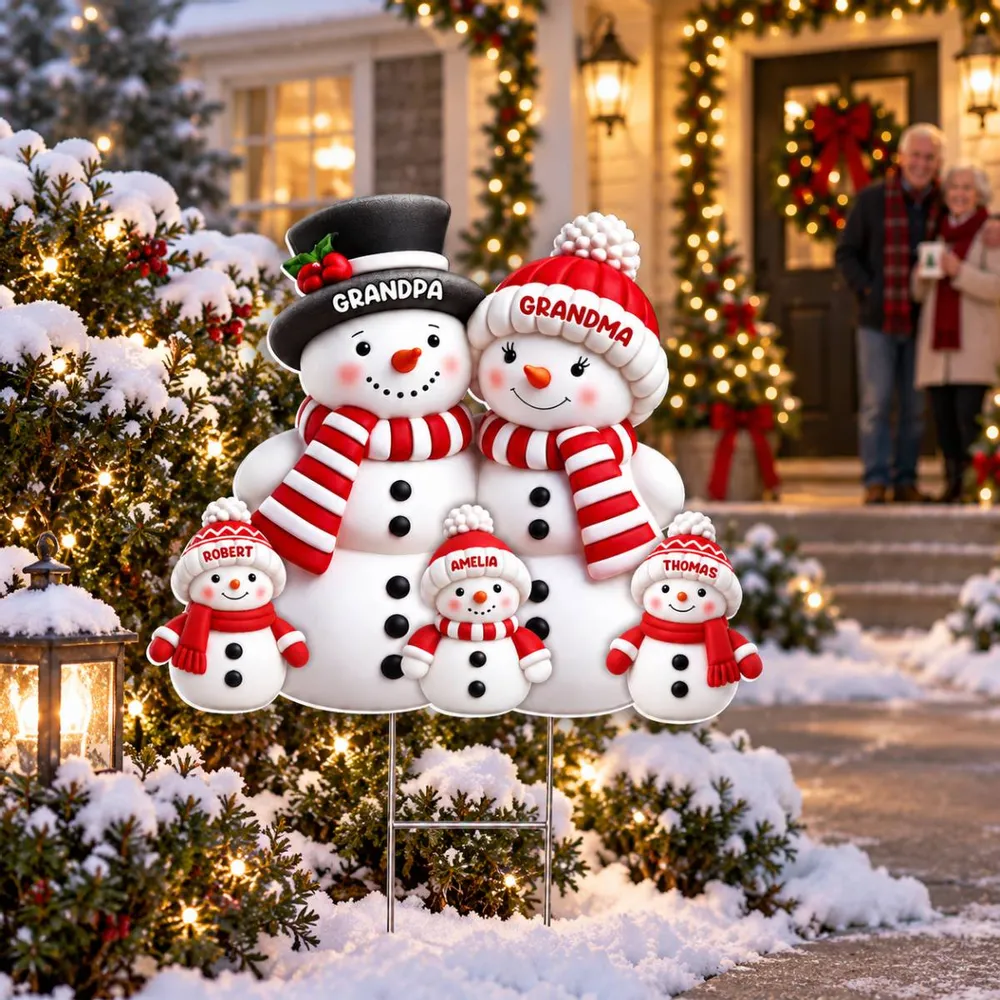 Christmas Cute Snowman Grandpa Grandma Grandkids - Personalized Custom Shaped Yard Sign - Christmas Decor For Grandparents