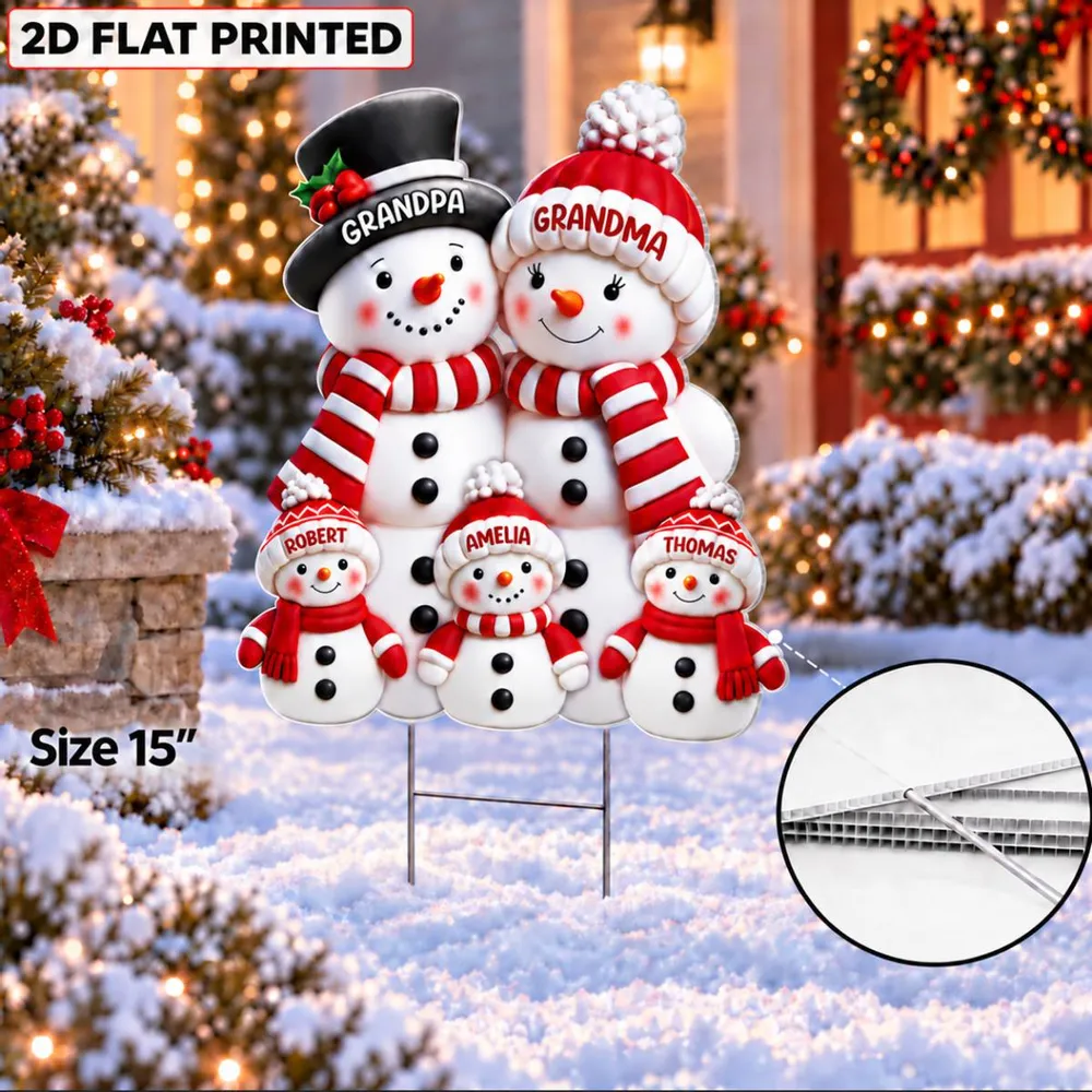 Christmas Cute Snowman Grandpa Grandma Grandkids - Personalized Custom Shaped Yard Sign - Christmas Decor For Grandparents