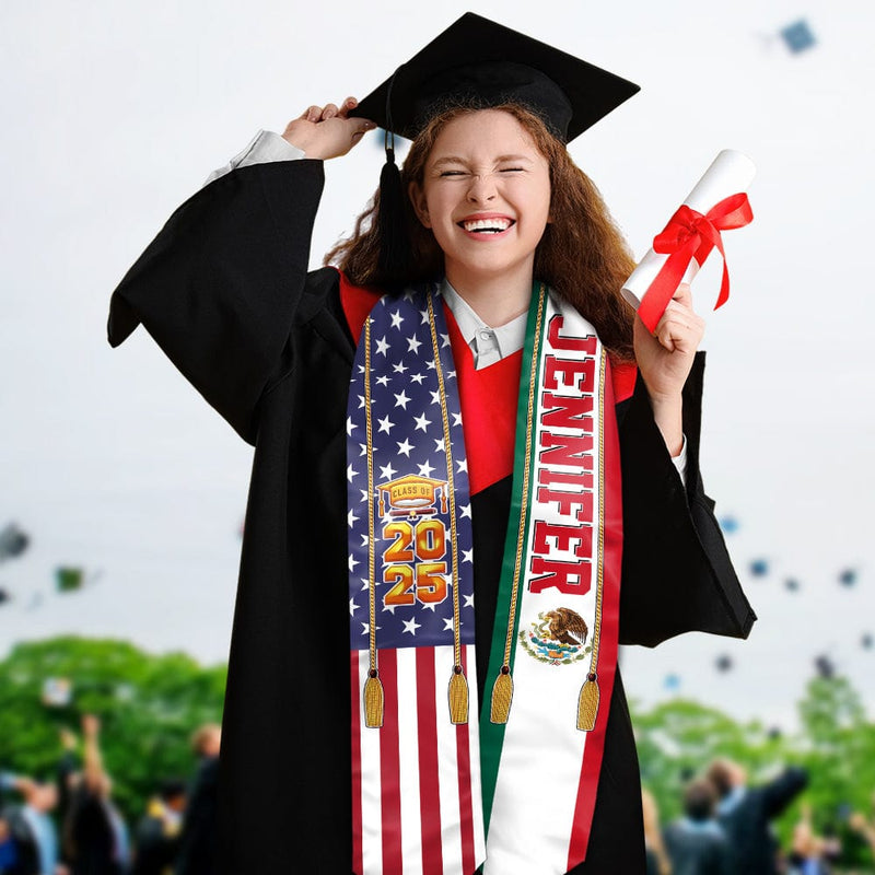 Country Flag Class of 2025 - Personalized Stoles Sash - Gift For Her/Him, Daughter/Son, Grad Ceremony, Commencement