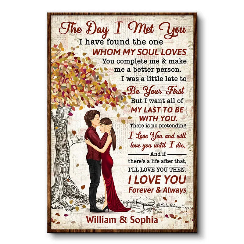 Personalized The Day I Met You canvas print, leaning against a wall on a wooden floor