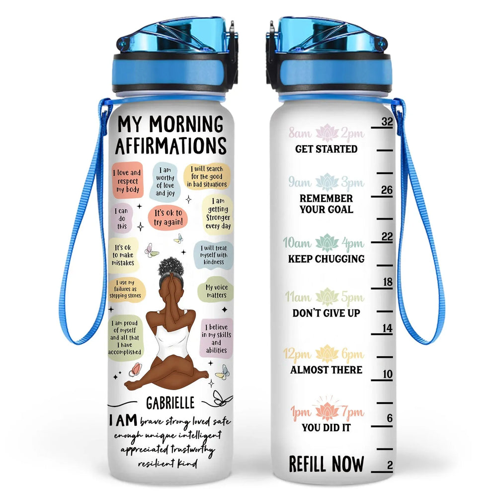 Personalized Yoga Girl Morning Affirmations tracker bottle, main view