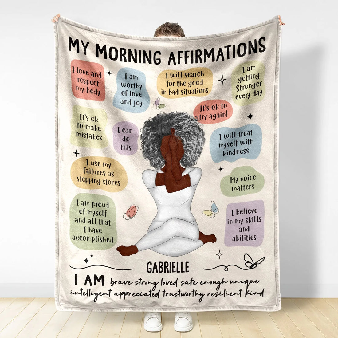 Personalized Yoga Girl Morning Affirmations fleece blanket, soft fleece fabric close-up