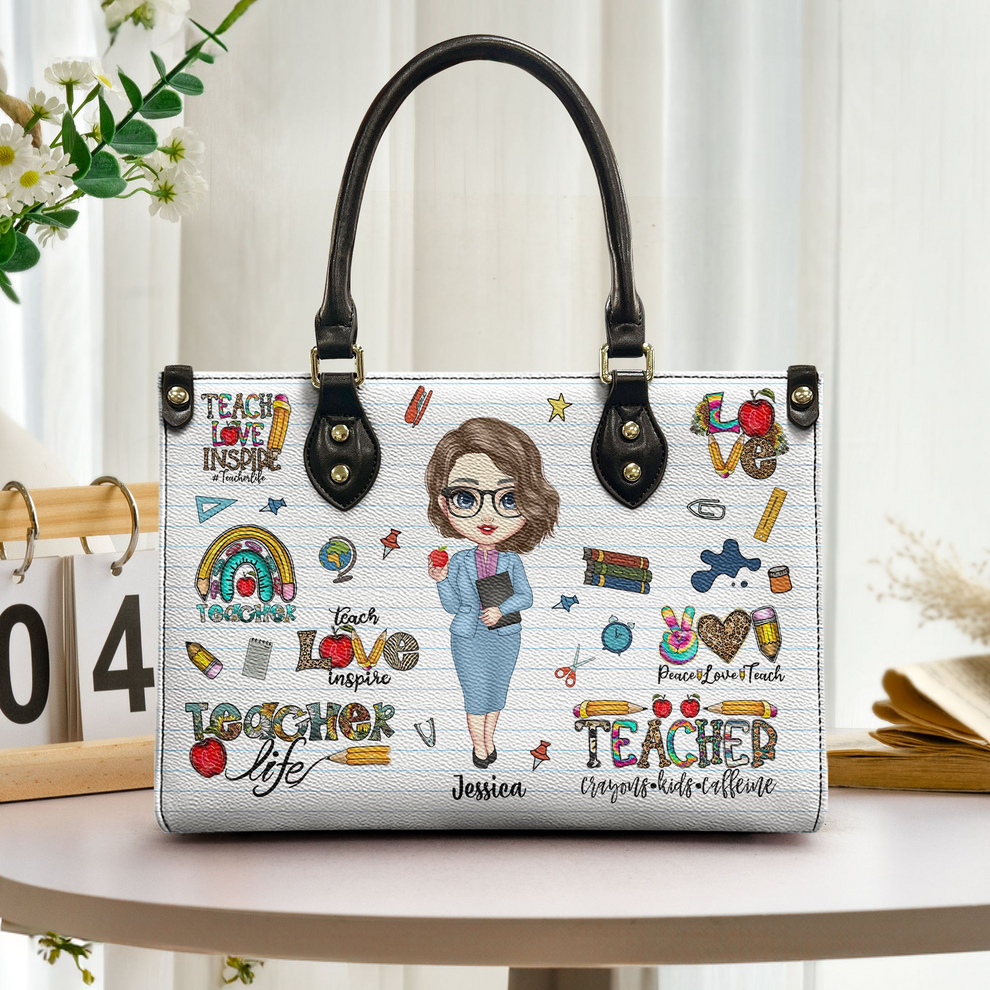 Personalized Teacher Life handbag, front view with name options