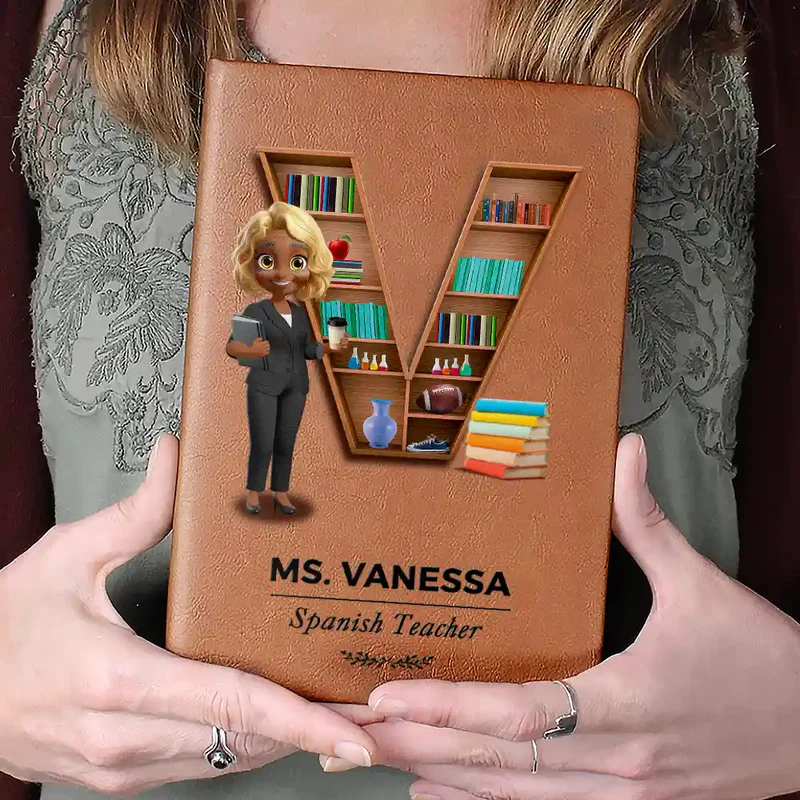 Teacher Alphabet Bookshelf Letter - Personalized Leather Journal - Back To School Gift For Teachers, Educators
