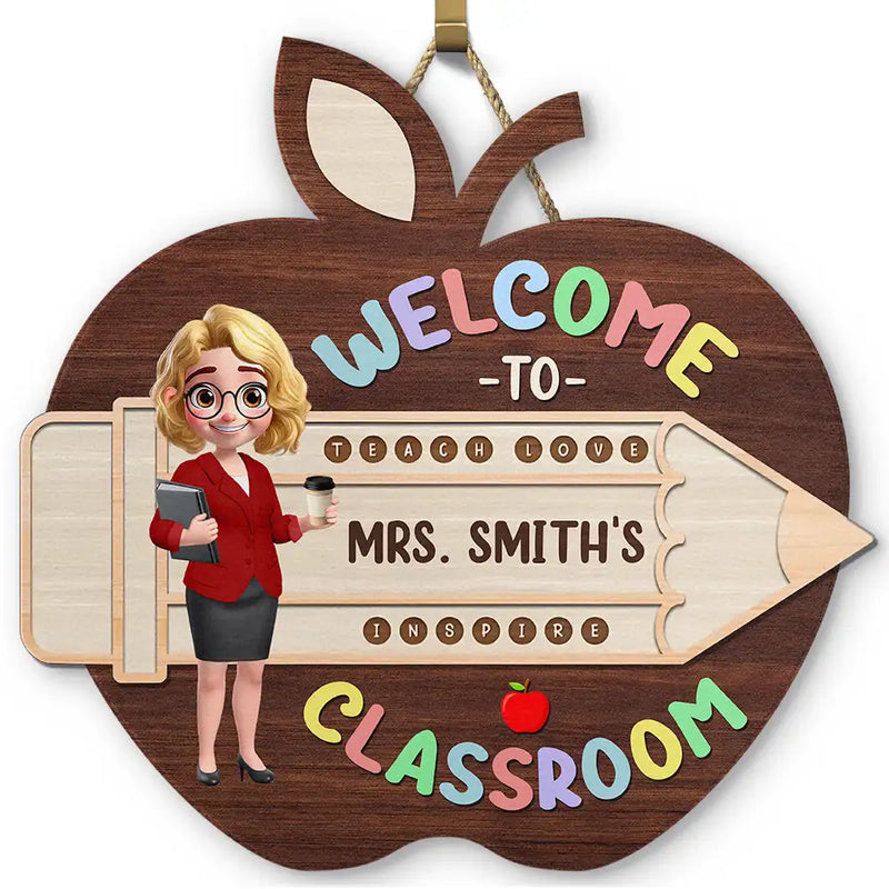 Personalized Teacher Apple Class Name wood sign, main view