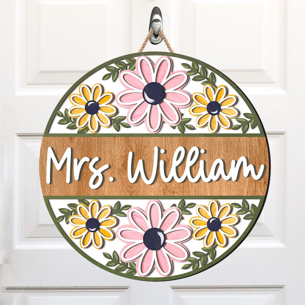 Personalized Retro Floral Teacher Door Sign round wood sign, main view