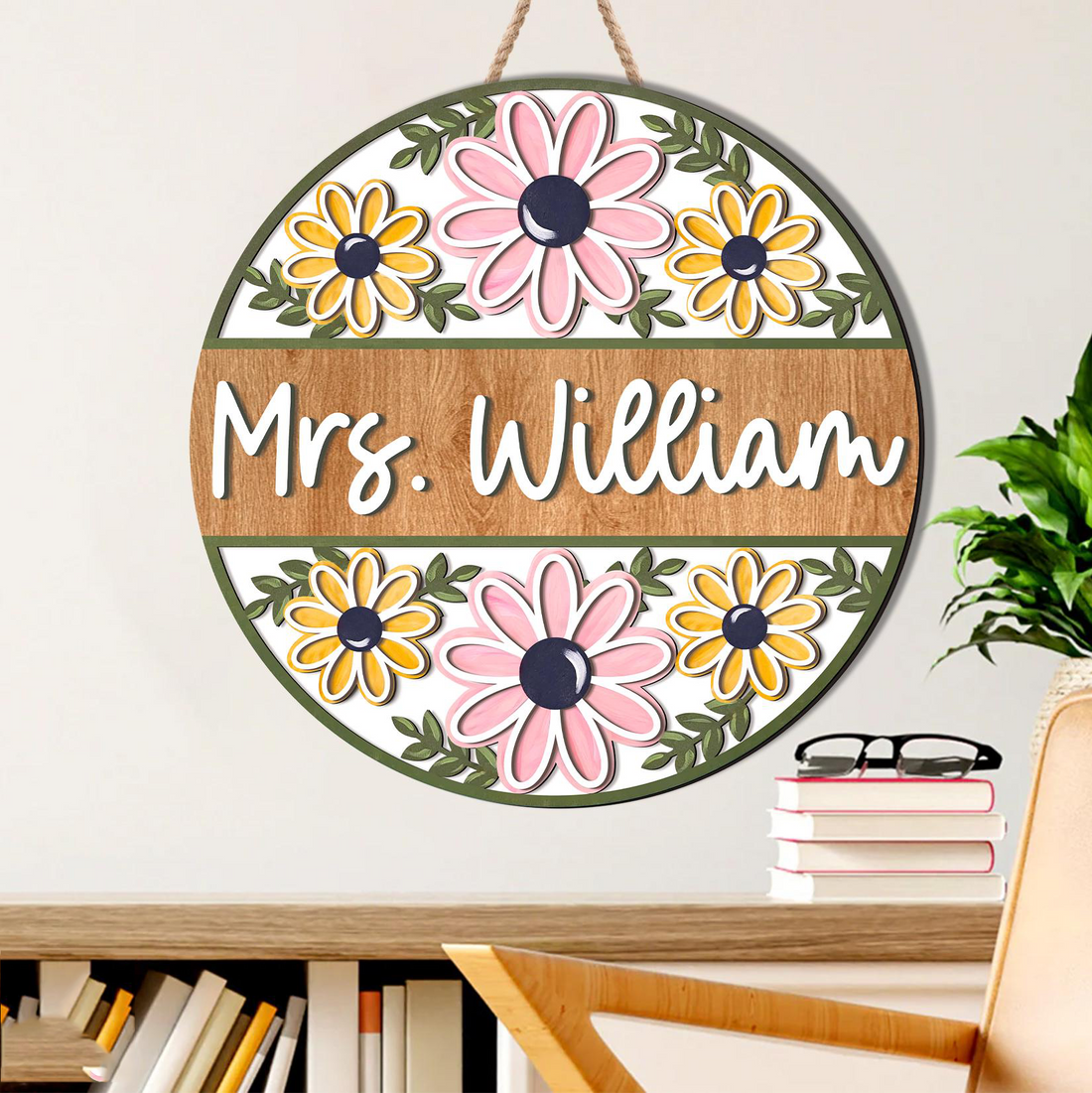 Personalized Retro Floral Teacher Door Sign round wood sign, alternate view 3