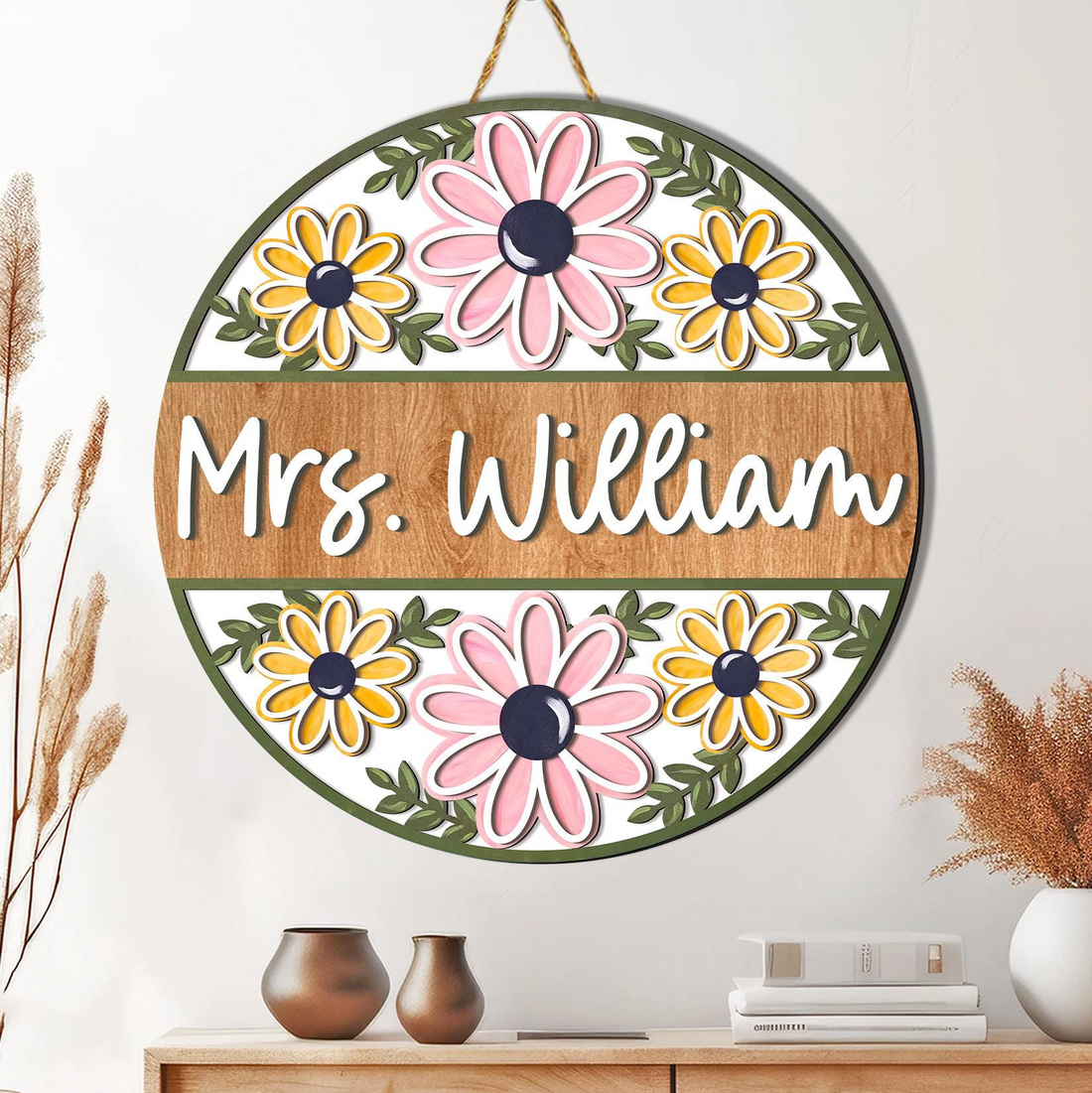 Personalized Retro Floral Teacher Door Sign round wood sign, alternate view 5