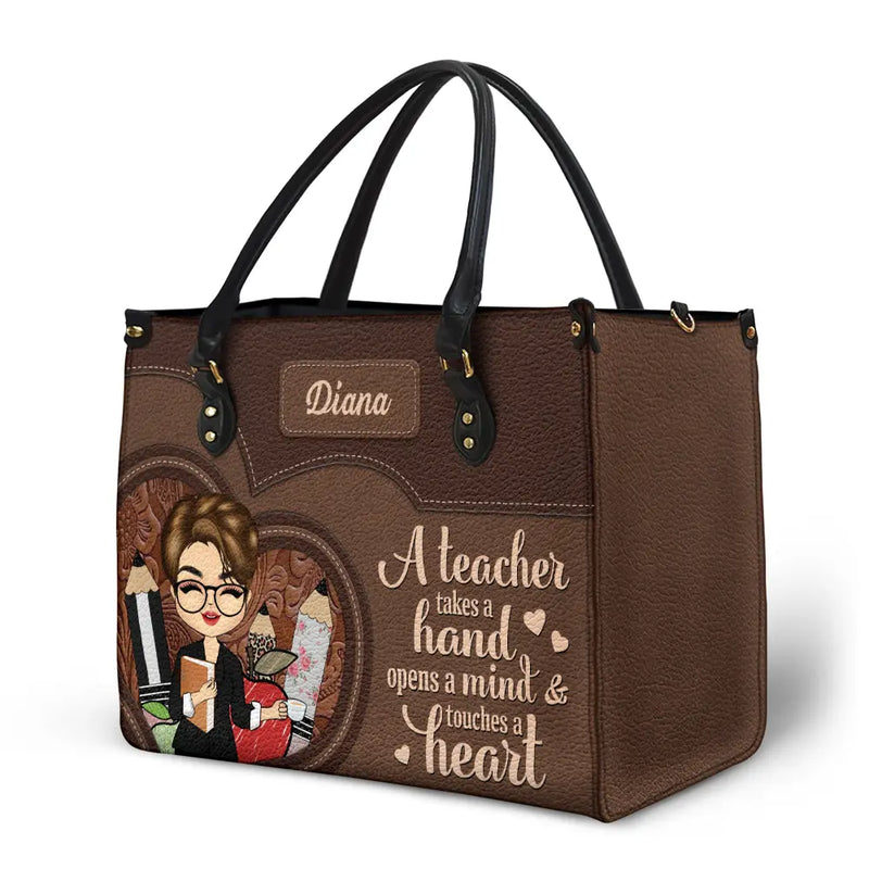 Personalized Teacher It Takes A Big Heart To Shape Little Minds handbag, carried outdoors