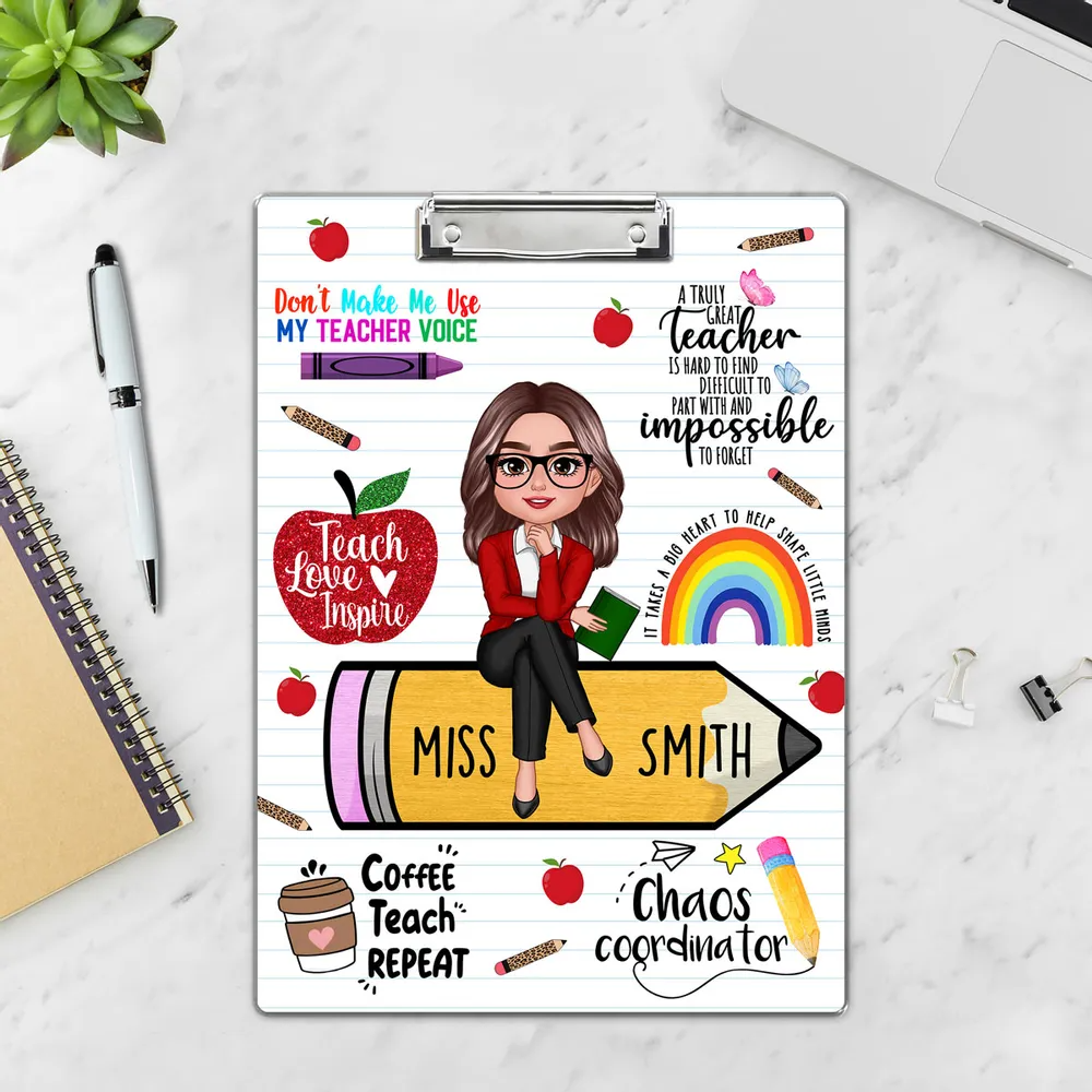 Teacher Sitting On Pencil - Personalized Custom Clipboard - Back To School Gift For Teacher, Educator, Kindergarten, Preschool, Pre K, Paraprofessional