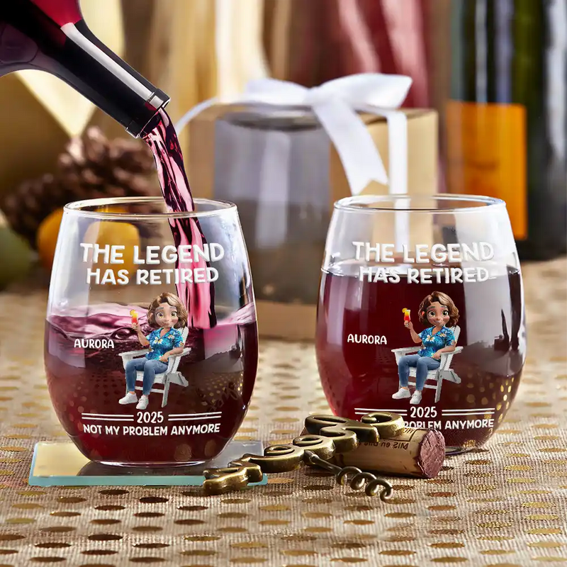 The Legend Has Retired Not My Problem Anymore Cartoon personalized wine glass, alternate view 3