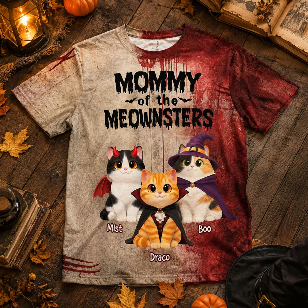 Mommy Daddy Of The Meownsters Cats - Personalized All-Over Print T-Shirt - Halloween Gift for Cat Lovers, Cat Mom, Cat Dad