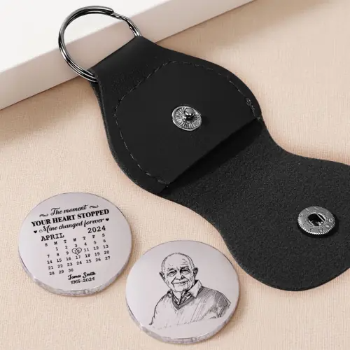 Custom Photo The Moment Pencil Sketch Memorial - Personalized Leather Pocket Hug - Memorial Sympathy Gifts For Loss Of Mom, Dad