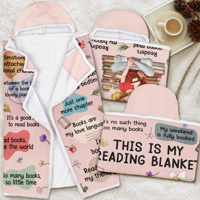 My Reading Blanket Reading Girl With Birth Month Flower - Personalized Wearable Hooded Blanket - Gift For Book Lovers, Bookworms, Readers