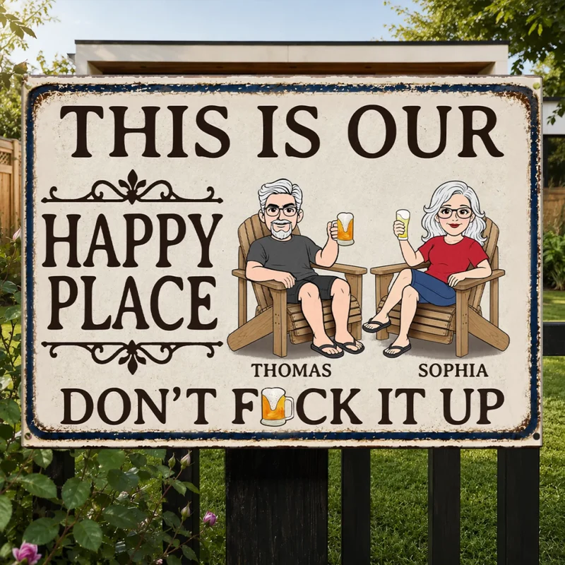 This Is Our Happy Place - Personalized Metal Sign - Summer Vacation And Travel Gifts For Husband And Wife, Him And Her