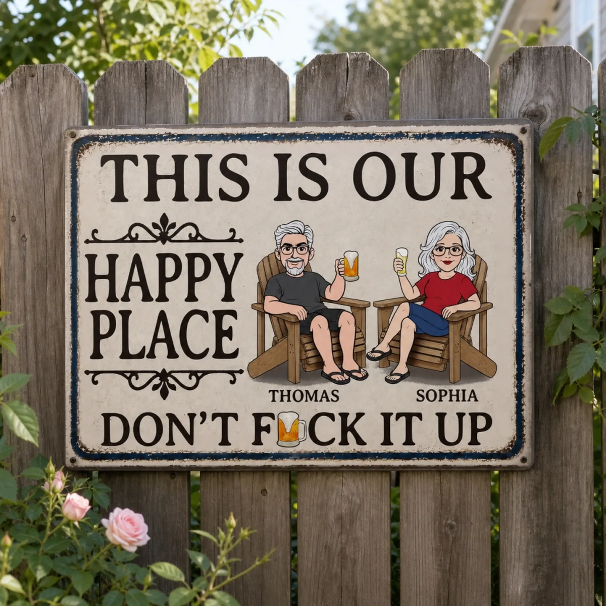 This Is Our Happy Place - Personalized Metal Sign - Summer Vacation And Travel Gifts For Husband And Wife, Him And Her