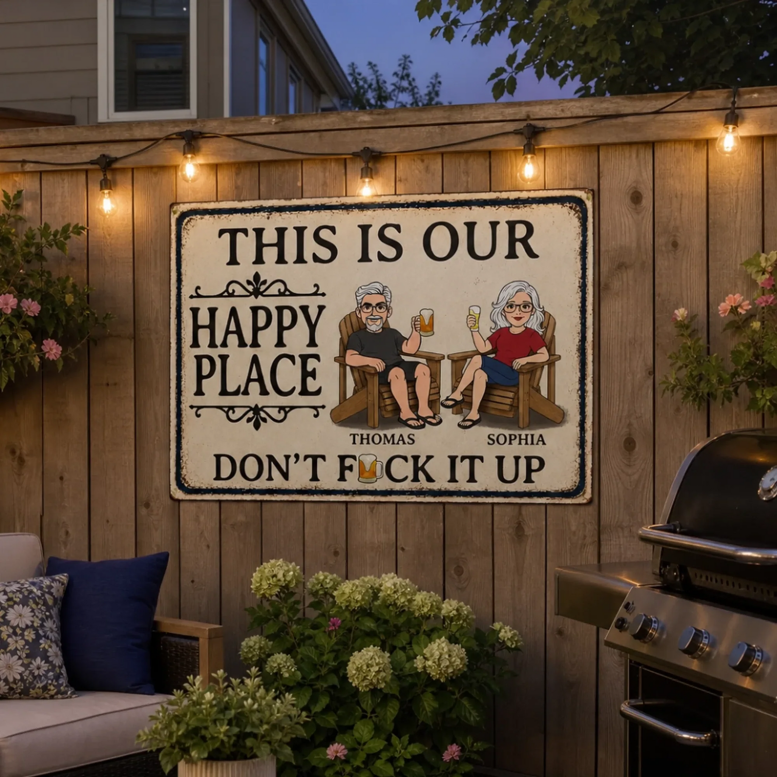 This Is Our Happy Place - Personalized Metal Sign - Summer Vacation And Travel Gifts For Husband And Wife, Him And Her