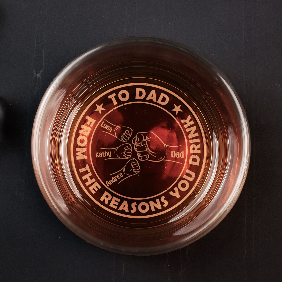 Personalized To Dad From The Reasons You Drink engraved whiskey glass, alternate view 2