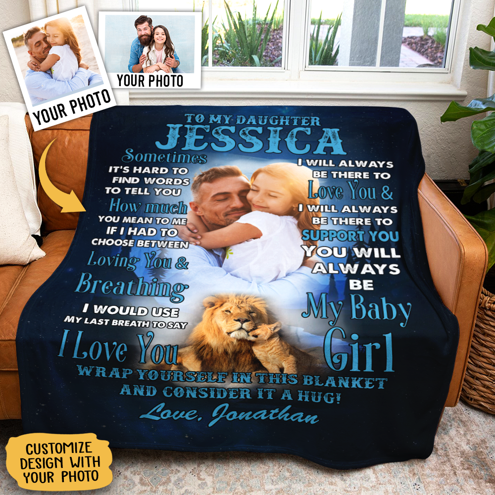 Personalized Custom Photo To My Daughter Lion Dad Mom fleece blanket, soft fleece fabric close-up