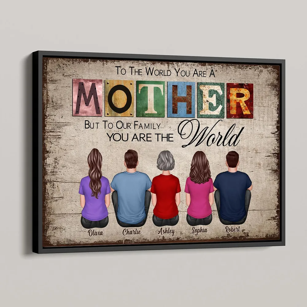 Personalized To The World You Are A Mother poster, framed in a bright living room