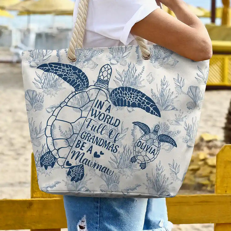 Toile De Jouy World Full Of Grandmas – Personalized Beach Bag - Gift for Grandma, Nana, Mimi, Grammy