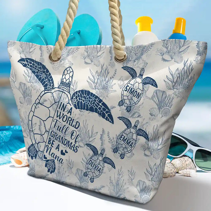 Toile De Jouy World Full Of Grandmas – Personalized Beach Bag - Gift for Grandma, Nana, Mimi, Grammy