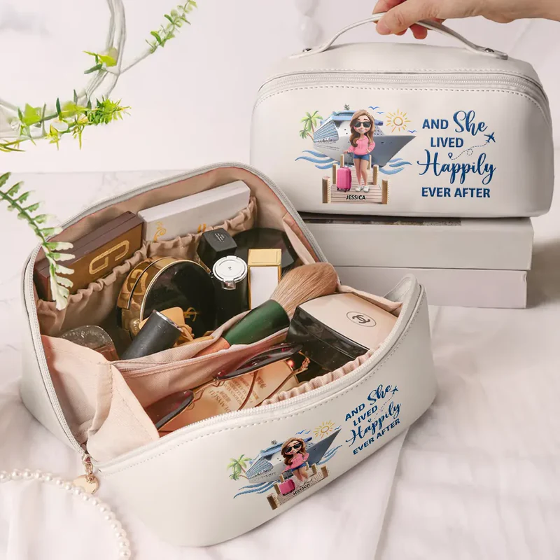 Travel All My Cruise Crap – Personalized Leather Makeup Bag - Gift for Her, Wife, Mom, Traveling Lovers