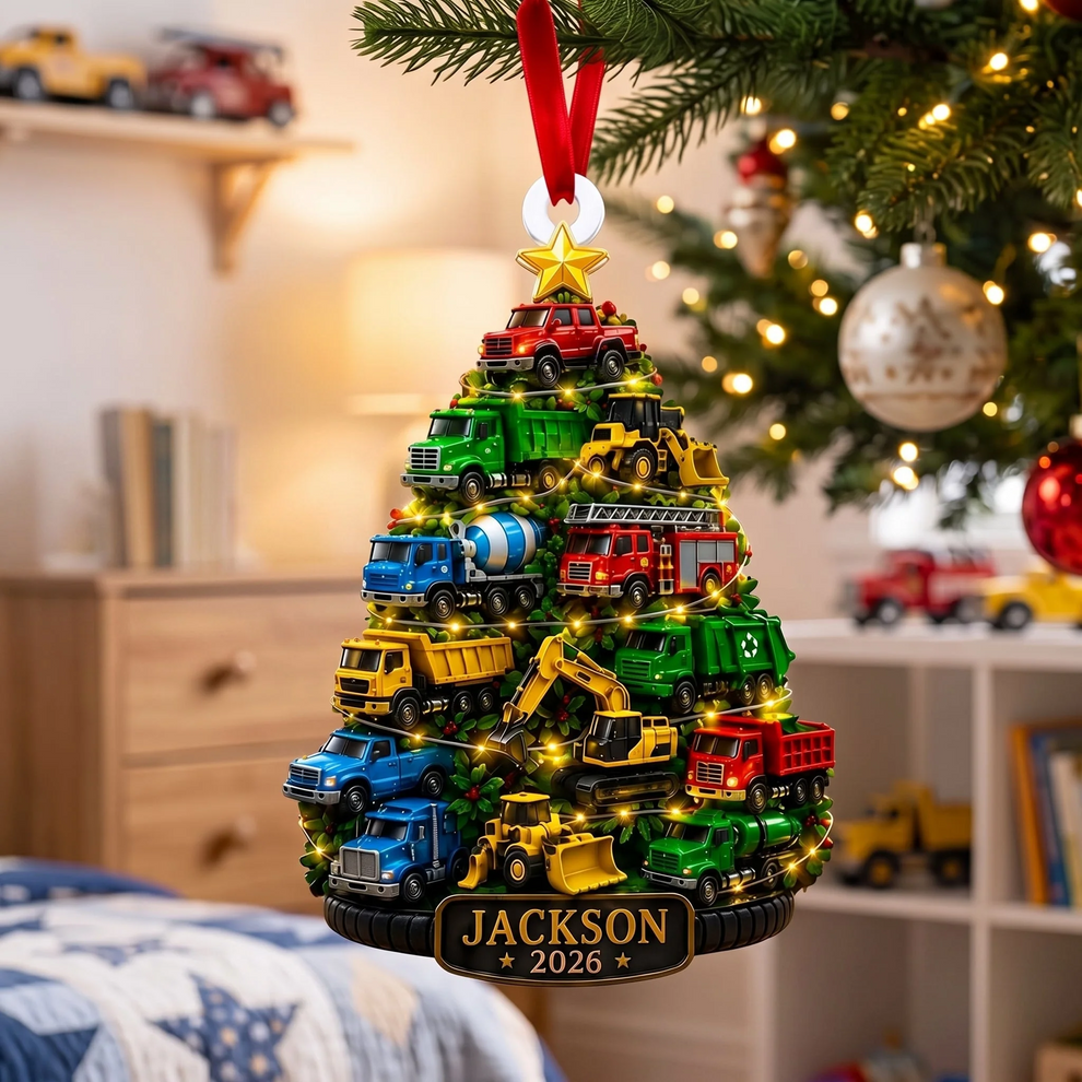 Colorful construction-truck Christmas tree acrylic ornament with child name, main view