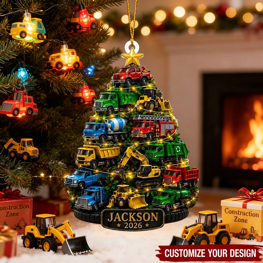 Colorful construction-truck Christmas tree acrylic ornament with child name, alternate view 2