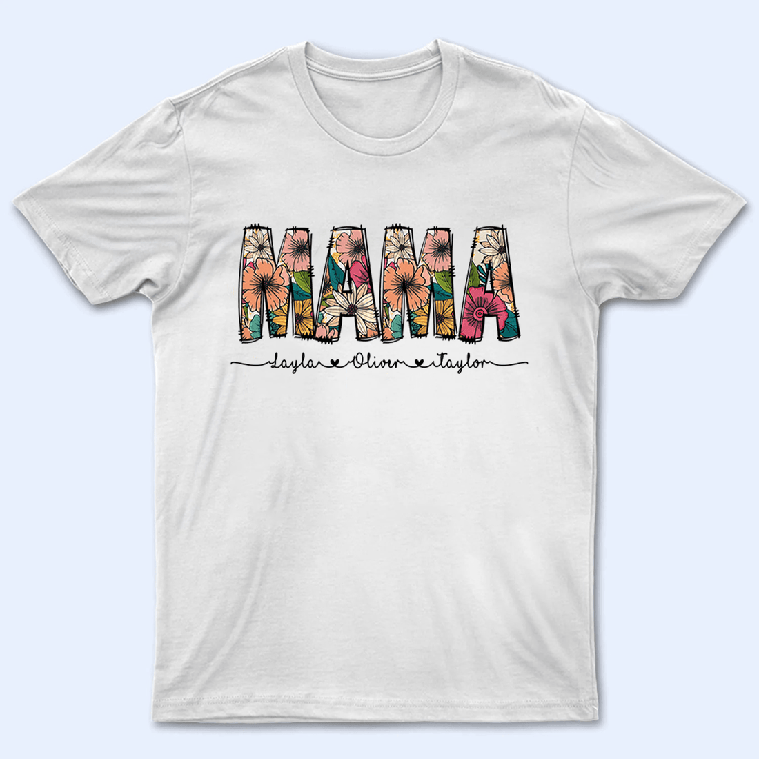 Floral Mama Custom Kid's Names with Sweet Hearts t-shirt, alternate view 3